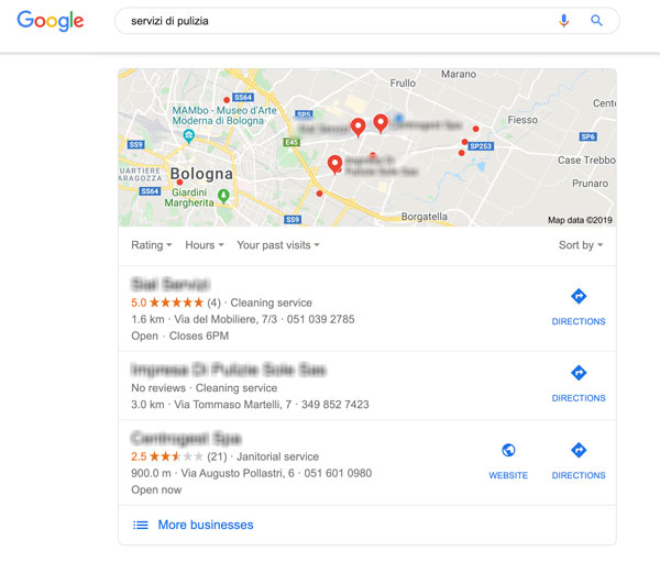 Esempio di risultati da Google My Business Page